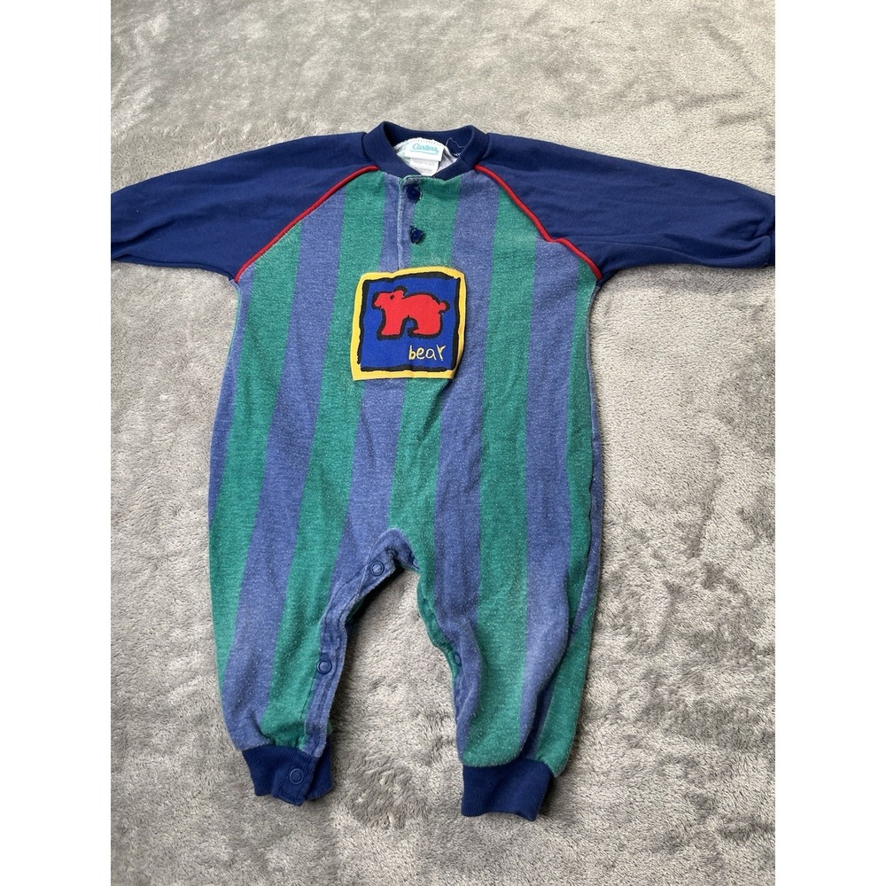 Vintage Carter's Baby Sleeper Striped Bear Footless Block Snap Romper 12 Months